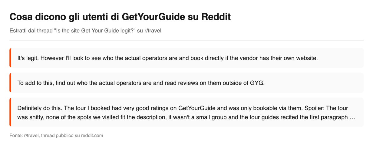 Opinioni su GetYourGuide dagli utenti di Reddit nel subreddit r/travel