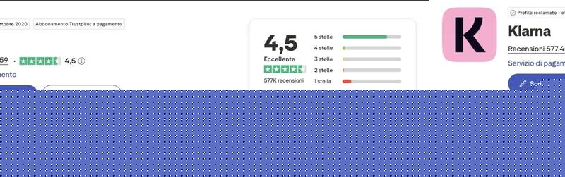 Screenshot recensioni Klarna su Trustpilot: punteggio 4,5 su 5 con oltre 577.000 recensioni