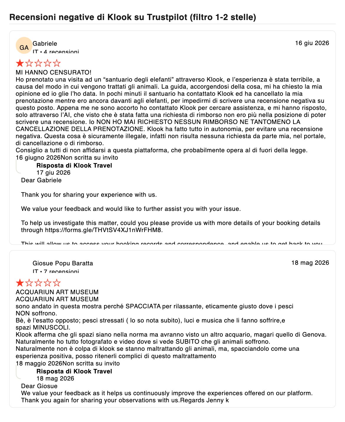 Klook recensioni negative su Trustpilot Klook recensioni negative su Trustpilot: esempi con risposta del servizio clienti