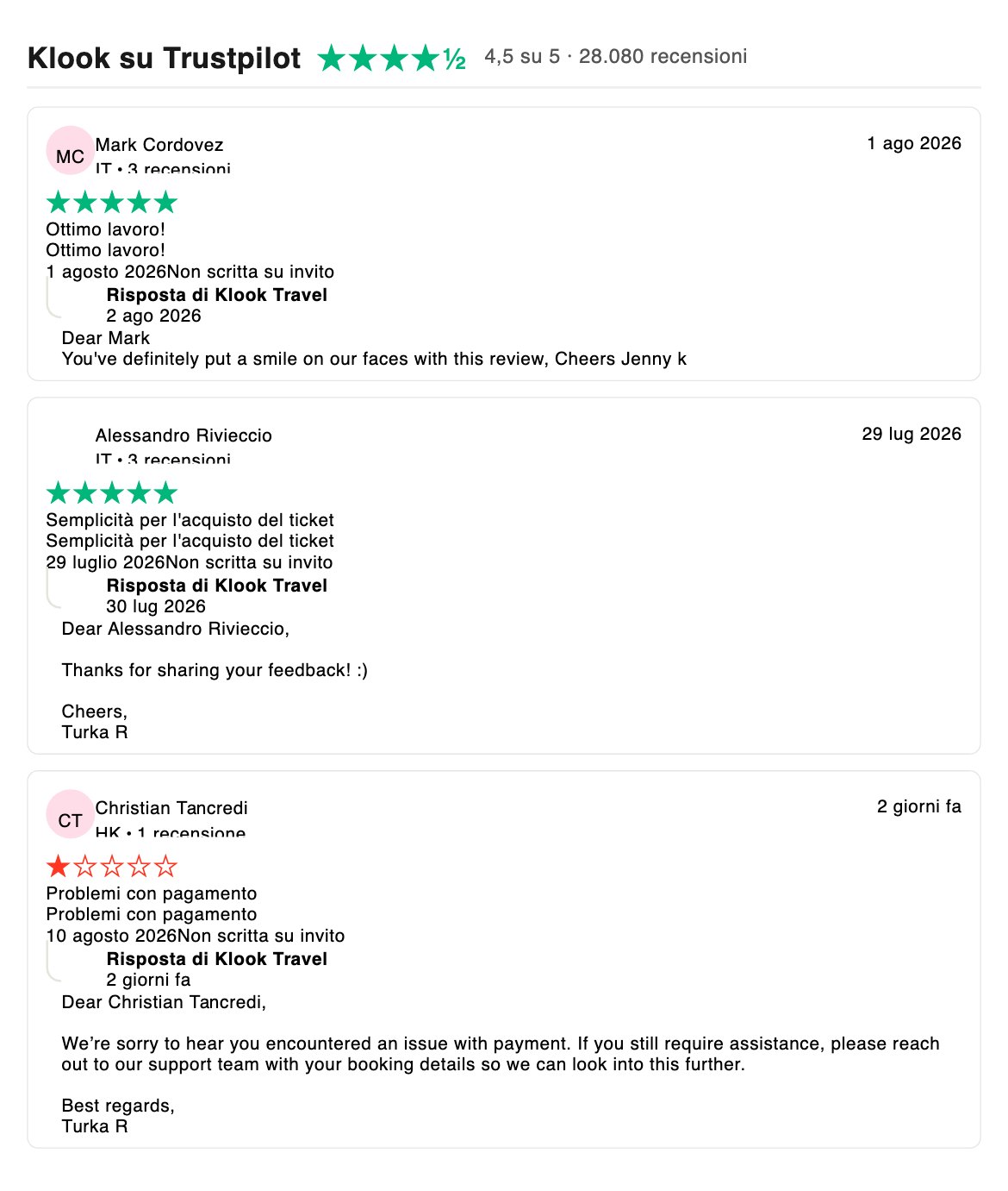 Recensioni Klook su Trustpilot Recensioni Klook su Trustpilot: 4,5 su 5 con oltre 28.000 recensioni