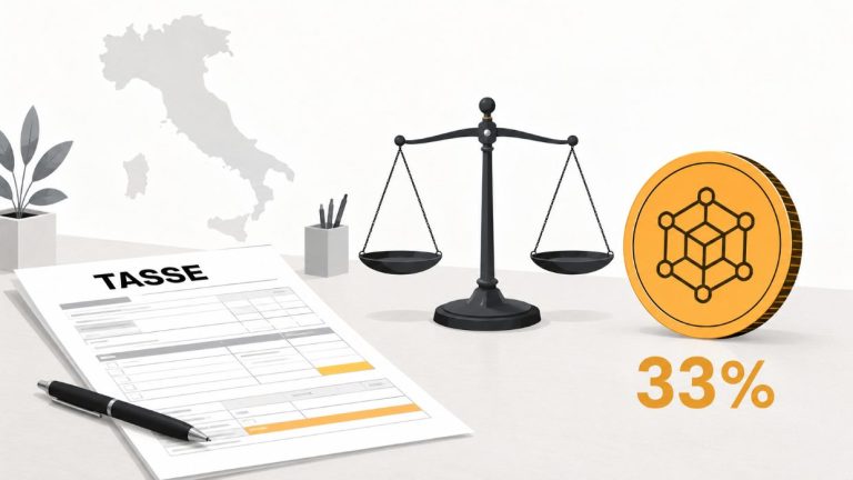 OKX tasse in Italia, modulo dichiarazione con bilancia e moneta crypto, aliquota 33%
