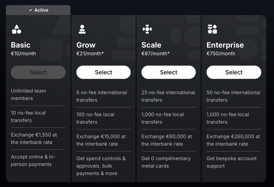 Confronto dei piani Revolut Business mostrati in app con Basic attivo a 10 euro al mese