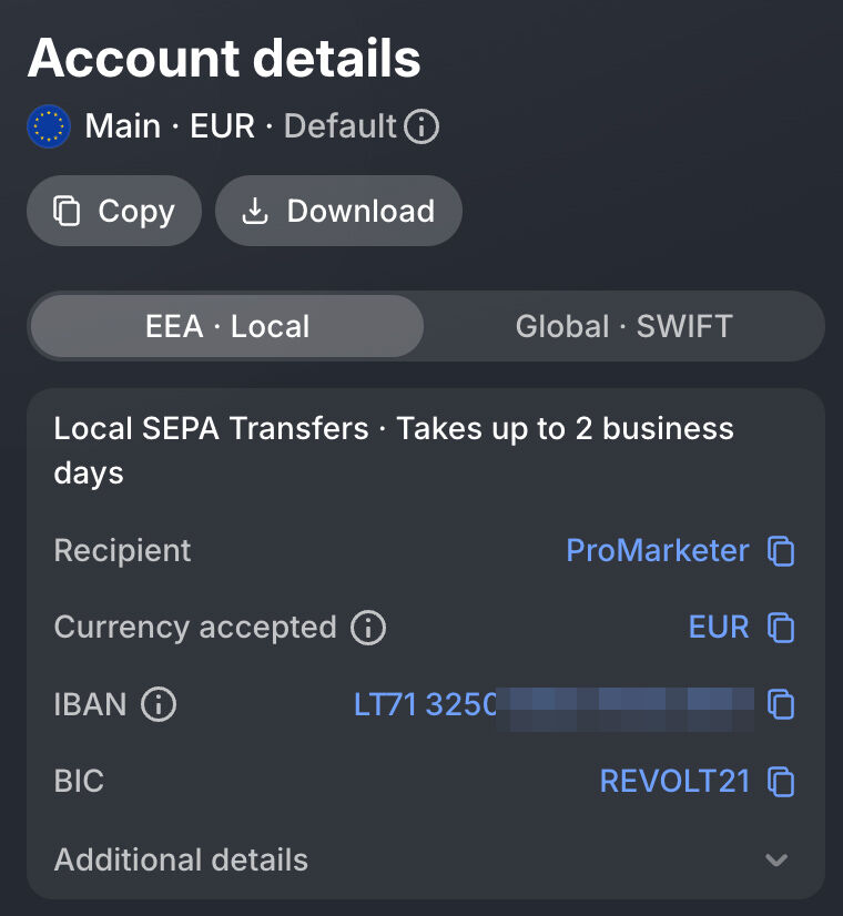 Coordinate del conto Revolut Business con IBAN lituano che inizia per LT e BIC REVOLT21