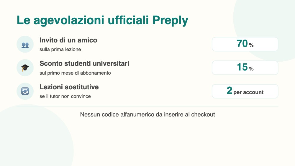 Le agevolazioni ufficiali Preply: 70% con invito, 15% studenti, 2 lezioni sostitutive Le agevolazioni ufficiali Preply: 70% con invito, 15% studenti, 2 lezioni sostitutive