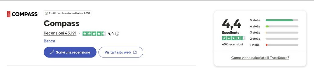 Screenshot recensioni Compass su Trustpilot: punteggio 4,4 su 5 con oltre 45.000 recensioni