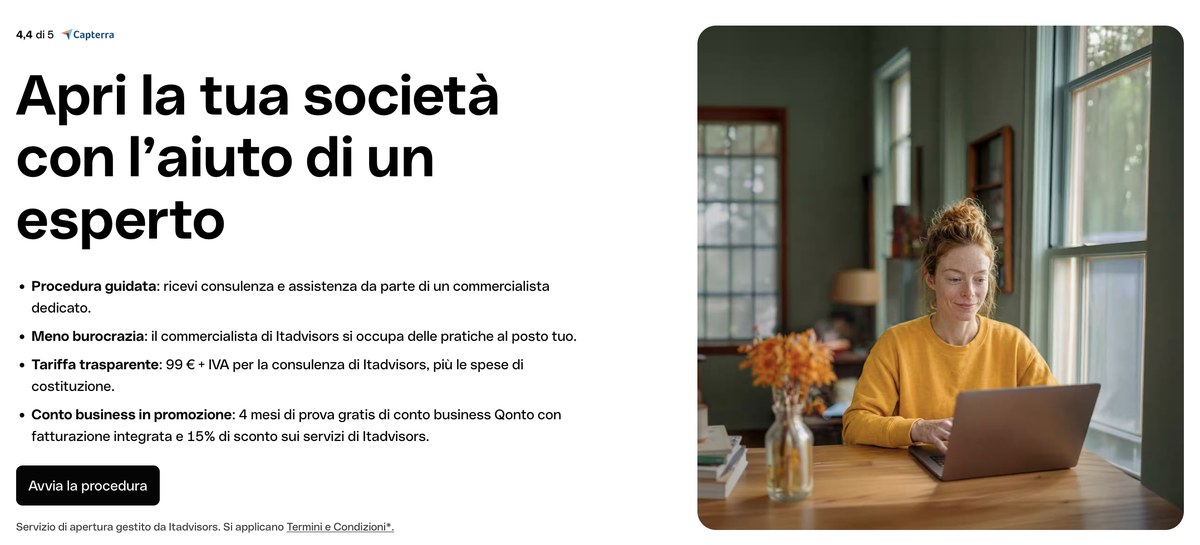 Qonto Itadvisors: apertura societa da 99 euro piu IVA Pagina ufficiale Qonto: apertura societa con Itadvisors a 99 euro piu IVA e 4 mesi di conto business gratis