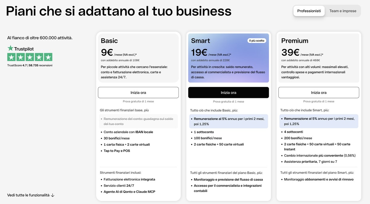Qonto piani e prezzi: Basic, Smart e Premium Piani Qonto a confronto: Basic 9 euro, Smart 19 euro e Premium 39 euro al mese IVA esclusa