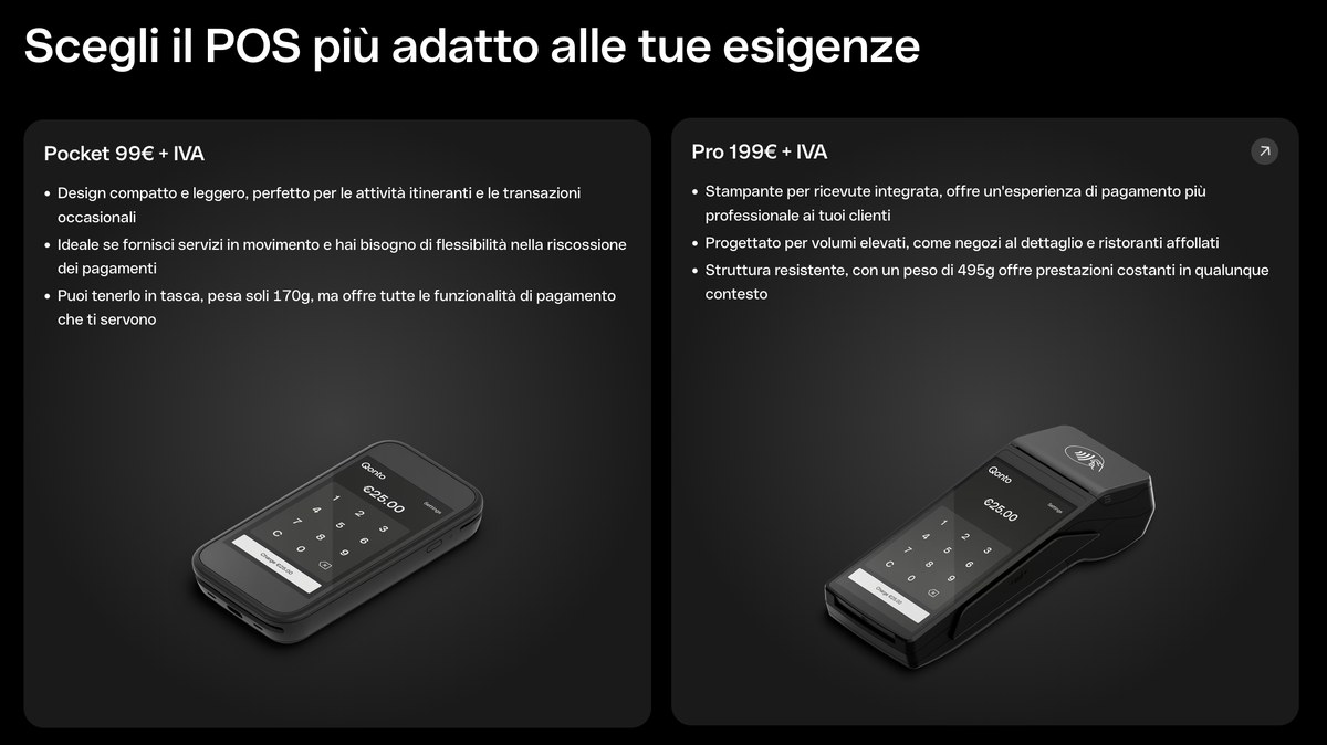 I due POS Qonto a confronto: Pocket a 99 euro piu IVA e Pro a 199 euro piu IVA