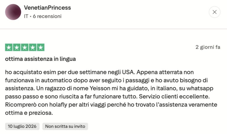 Recensione Trustpilot sull’assistenza Holafly in italiano via WhatsApp Recensione Trustpilot sull’assistenza Holafly in italiano via WhatsApp