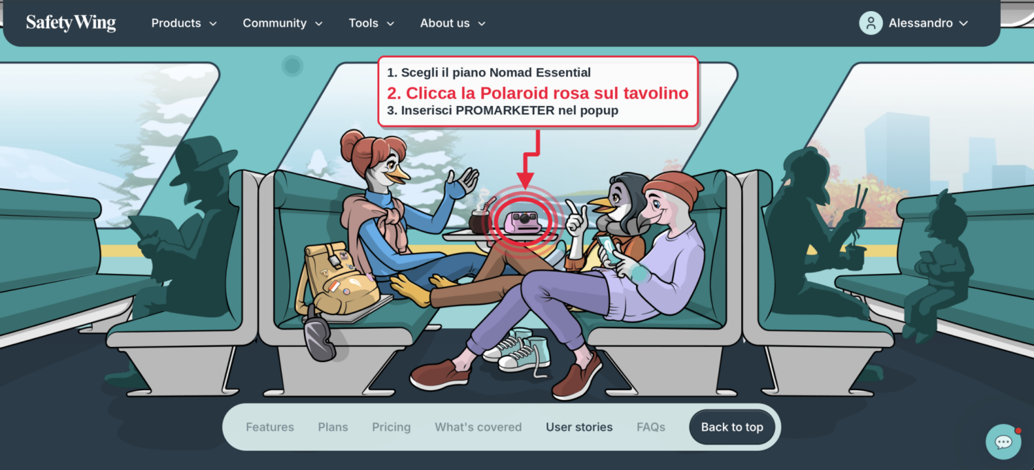 Dove cliccare la Polaroid nel sito SafetyWing per inserire il codice sconto Dove cliccare la Polaroid nel sito SafetyWing per inserire il codice sconto