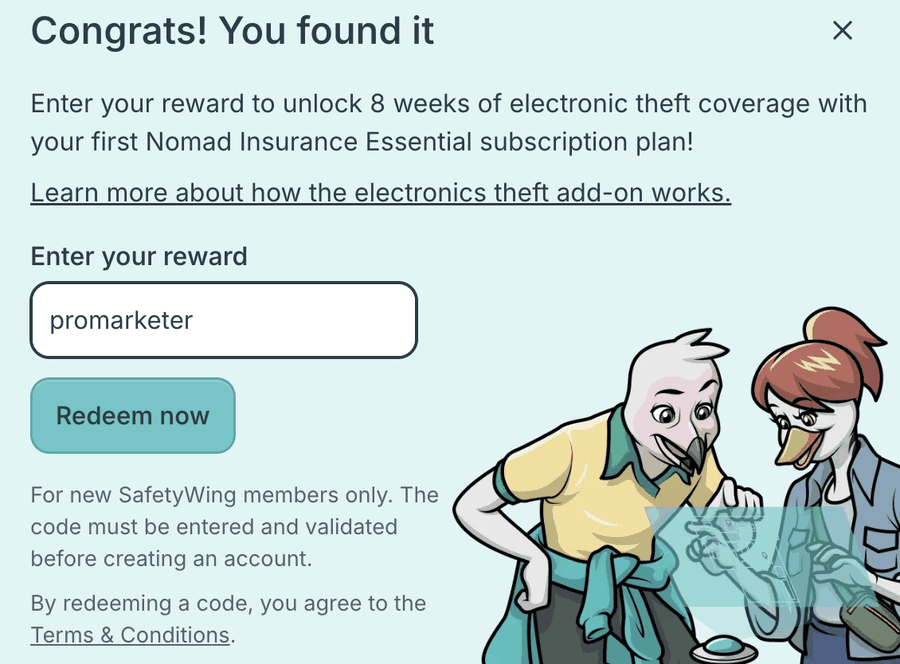 Il riquadro Congrats You found it dove si inserisce il codice sconto SafetyWing Il riquadro Congrats You found it dove si inserisce il codice sconto SafetyWing