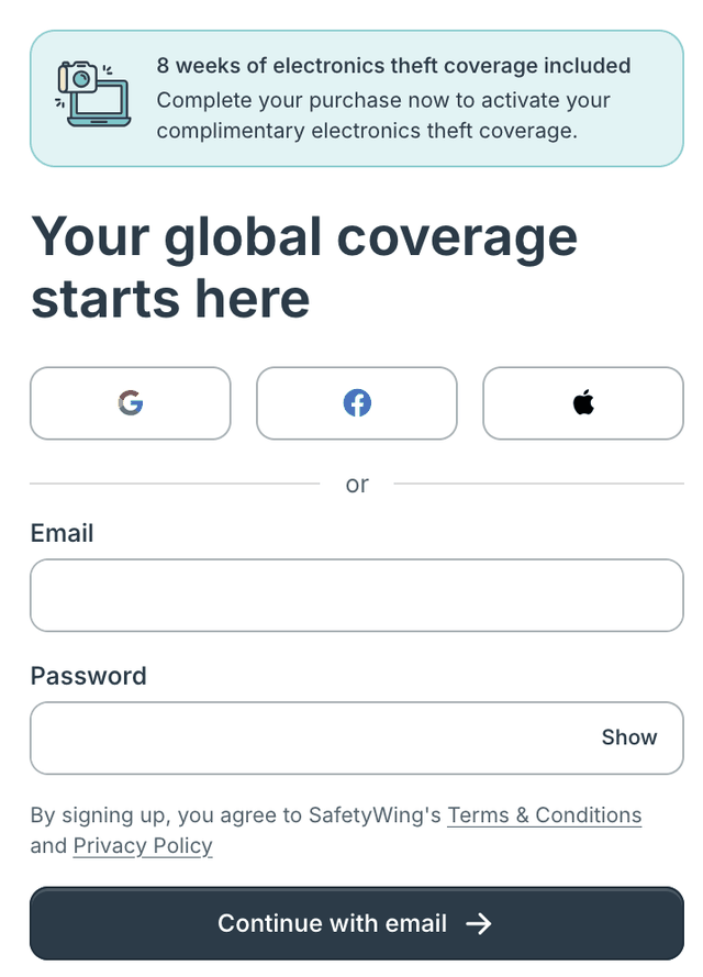 Pagina di registrazione SafetyWing con il banner delle 8 settimane incluse Pagina di registrazione SafetyWing con il banner delle 8 settimane incluse