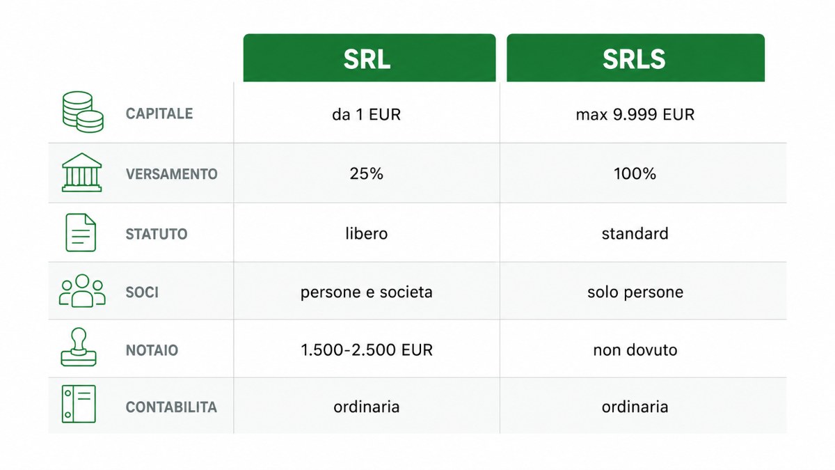 SRL o SRLS: le differenze a confronto Infografica con le differenze tra SRL e SRLS: capitale, versamento, statuto, soci, notaio e contabilita