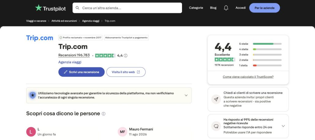 Recensioni Trip.com su Trustpilot: valutazione 4,4 su 5 con oltre 196.000 giudizi (agosto 2026) Recensioni Trip.com su Trustpilot: valutazione 4,4 su 5 con oltre 196.000 giudizi (agosto 2026)