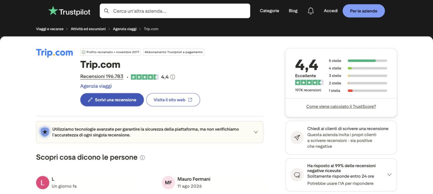 Recensioni Trip.com su Trustpilot: valutazione 4,4 su 5 con oltre 196.000 giudizi (agosto 2026)