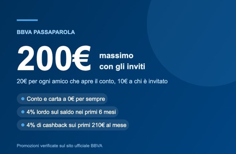 bonus BBVA passaparola fino a 200 euro e conto al 4%
