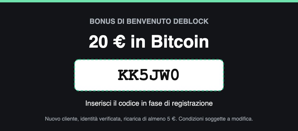 Codice Deblock KK5JW0 bonus 20 euro in Bitcoin Codice Deblock KK5JW0 bonus 20 euro in Bitcoin
