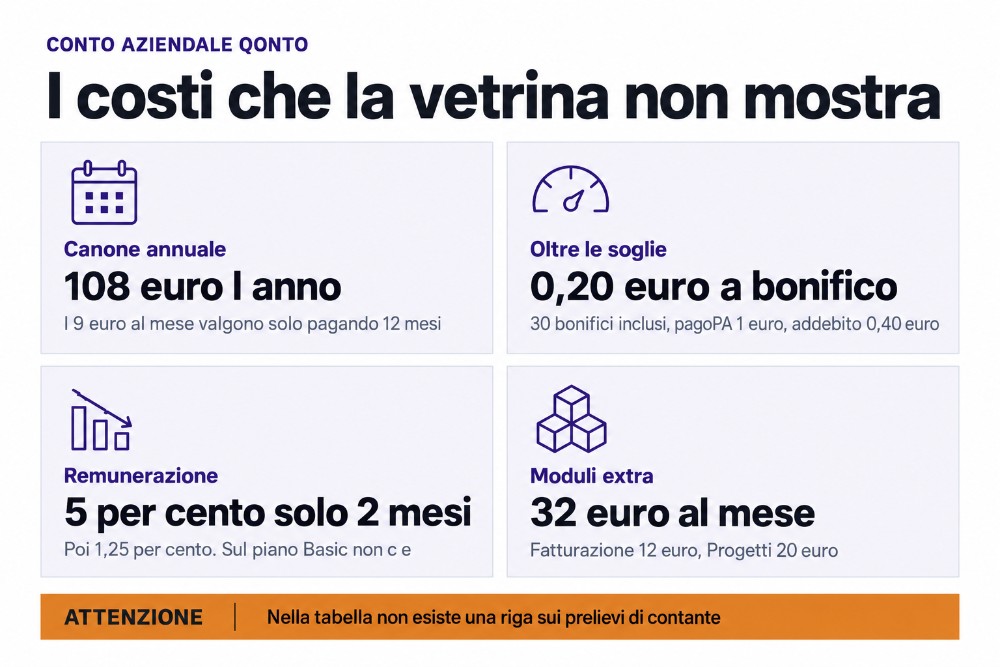 I costi Qonto che la tabella dei prezzi non mostra: canone annuale, soglie, remunerazione e moduli I costi Qonto che la tabella dei prezzi non mostra: canone annuale, soglie, remunerazione e moduli