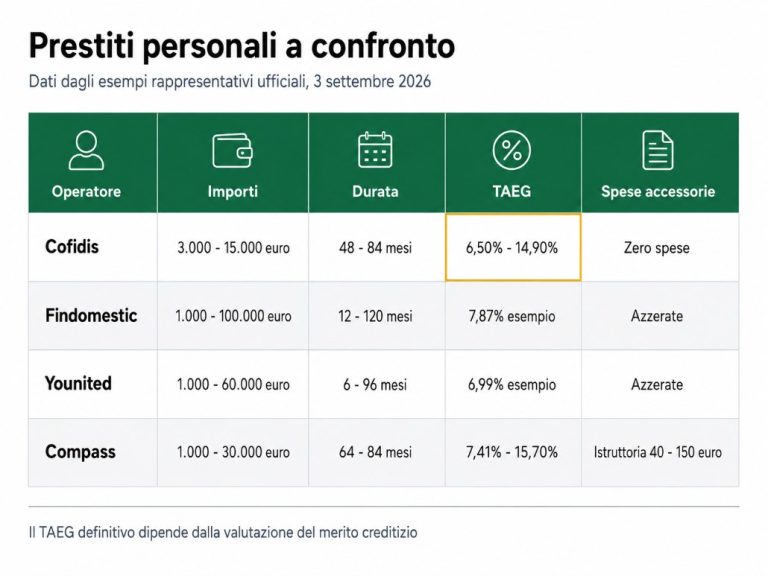 Confronto TAEG importi e durate dei prestiti personali di Cofidis Findomestic Younited e Compass