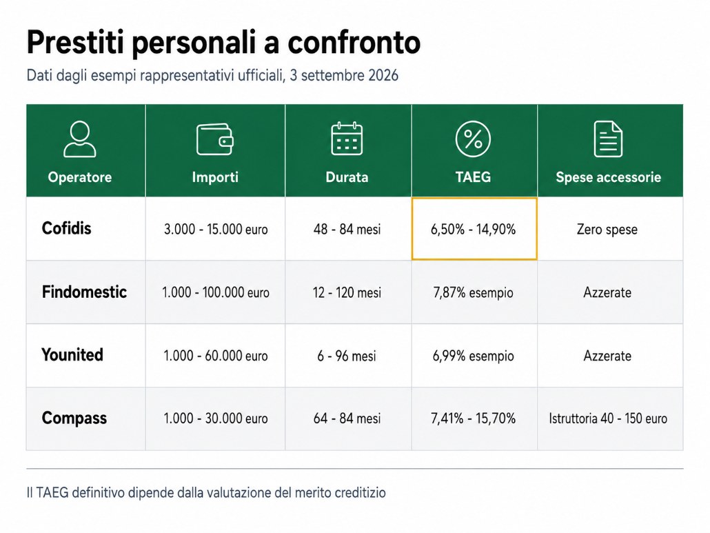 Confronto TAEG importi e durate dei prestiti personali di Cofidis Findomestic Younited e Compass