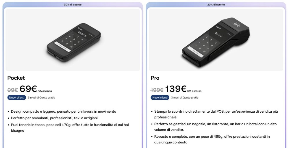 Offerta POS Qonto con il 30 per cento di sconto: Pocket a 69 euro e Pro a 139 euro IVA esclusa Offerta POS Qonto con il 30 per cento di sconto: Pocket a 69 euro e Pro a 139 euro IVA esclusa