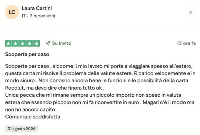 Recensione Trustpilot a 5 stelle sul cambio valuta della carta Revolut usata in viaggio all'estero Recensione Trustpilot a 5 stelle sul cambio valuta della carta Revolut usata in viaggio all'estero