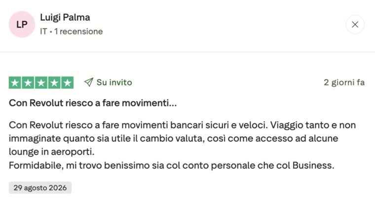 Recensione Trustpilot a 5 stelle di un utente che usa sia il conto personale sia Revolut Business Recensione Trustpilot a 5 stelle di un utente che usa sia il conto personale sia Revolut Business