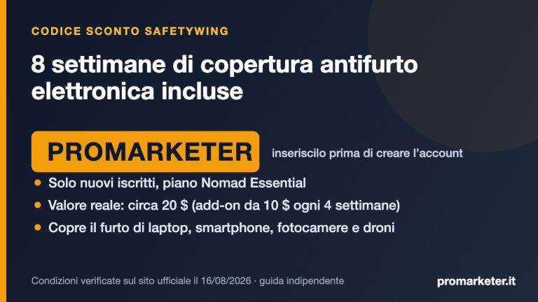 Codice sconto SafetyWing PROMARKETER: 8 settimane di copertura antifurto elettronica