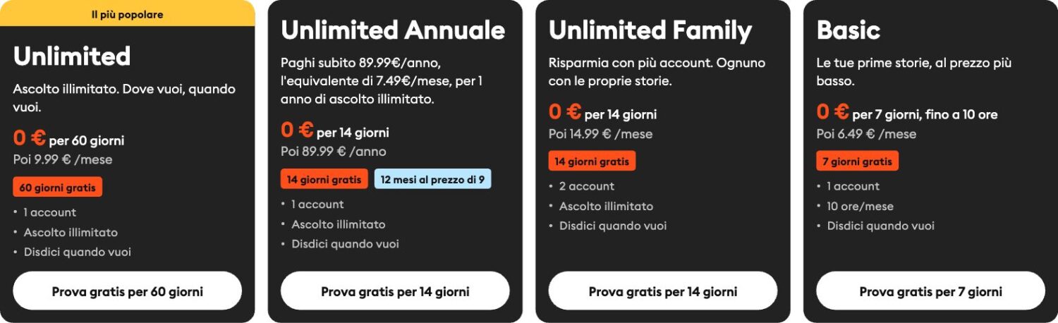 Storytel offerta: piani e prezzi verificati sulla pagina abbonamenti ufficiale