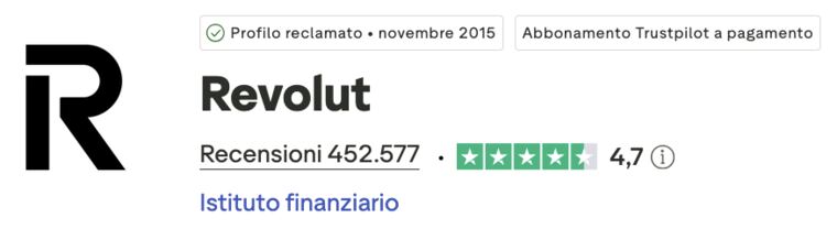 Intestazione del profilo Trustpilot di Revolut con 459.159 recensioni e voto 4,7 su 5 Intestazione del profilo Trustpilot di Revolut con 459.159 recensioni e voto 4,7 su 5