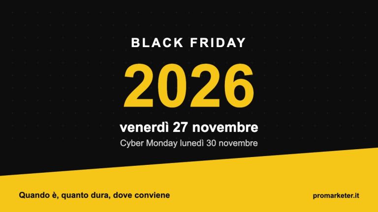 Black Friday 2026 venerdì 27 novembre e Cyber Monday lunedì 30 novembre