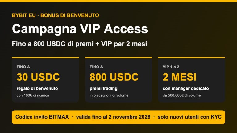 Bonus di benvenuto Bybit EU con la campagna VIP Access, fino a 800 USDC di premi e VIP per 2 mesi