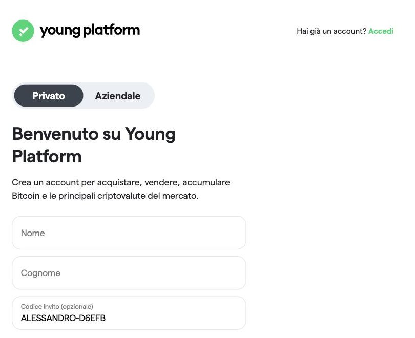 Form di registrazione Young Platform con il codice invito ALESSANDRO-D6EFB già compilato
